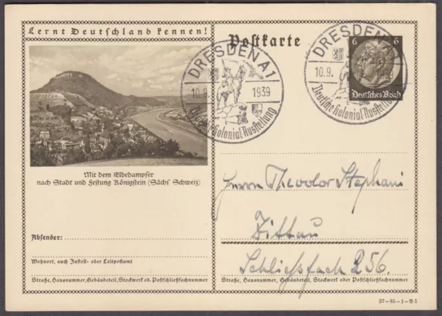 Bildganzsache Festung Königstein mit Sonderstempel Dresden Kolonialausstellung