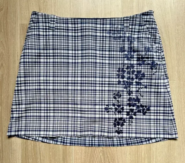 NIKE GOLF Dri Fit Skort Skirt Blue Check Women's Size UK 16 Side Zip Floral