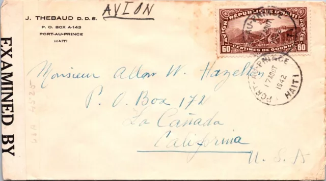 Schallstamps Haiti 1942 Postal History Wwii Airmail Censored Cover Addr Usa