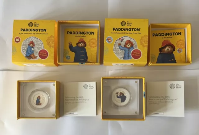 2018 Paddington Bear 50p Silver Proof Coins  (At The Station &  At The Palace)