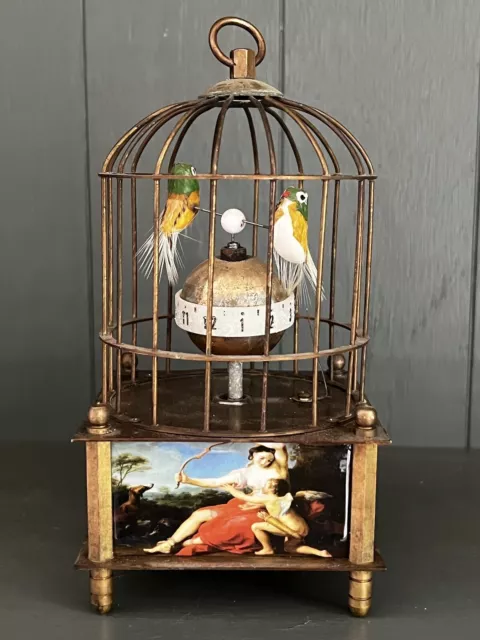 VINTAGE BRASS AUTOMATON Bird Cage Mechanical Clock with 2 Moving Birds ...
