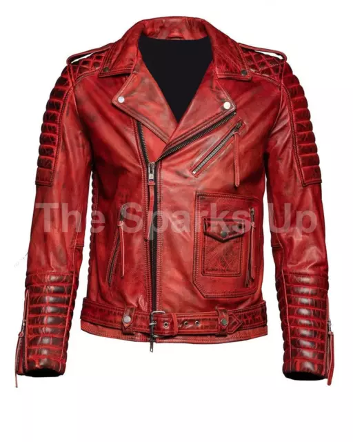 Mens Red Genuine Lambskin Leather Motorcycle Jacket SlimFit Quilted Biker Jacket