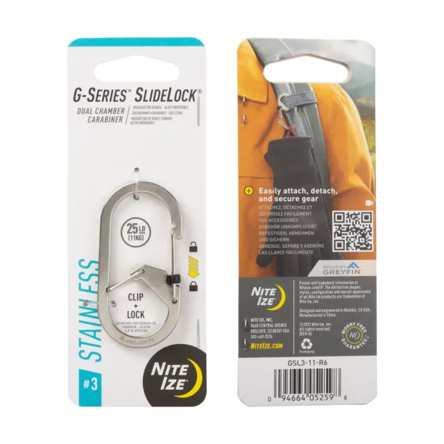 NiteIze G-Series SlideLock Dual Chamber Carabiner Stainless Steel #3 GSL3-11-R6