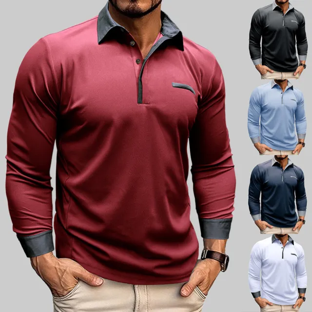 Men Long Sleeve Turn Down Collar Tops Casual Business Solid Pullover T Shirt Tee