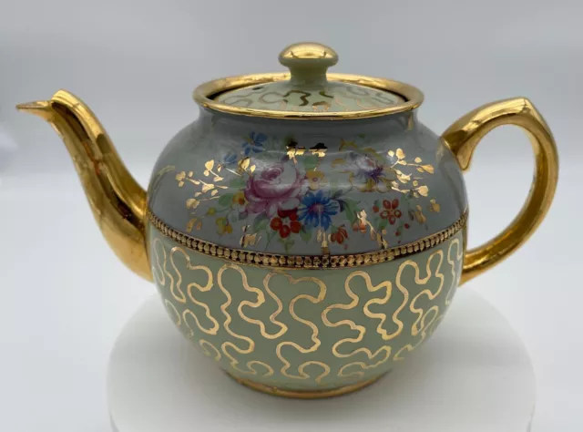 Sadler England Brown Betty Style Vintage Pistachio Green Gold Floral TeaPot