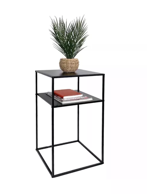 Mesa pequeña de 2 niveles con marco de metal negro con estante consola mesa auxiliar estantería