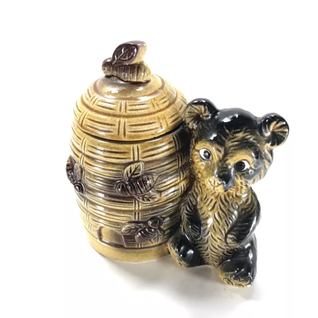 VINTAGE JAPAN CERAMIC Bear and Beehive Honey Jar Honey Pot w/ Bee ...