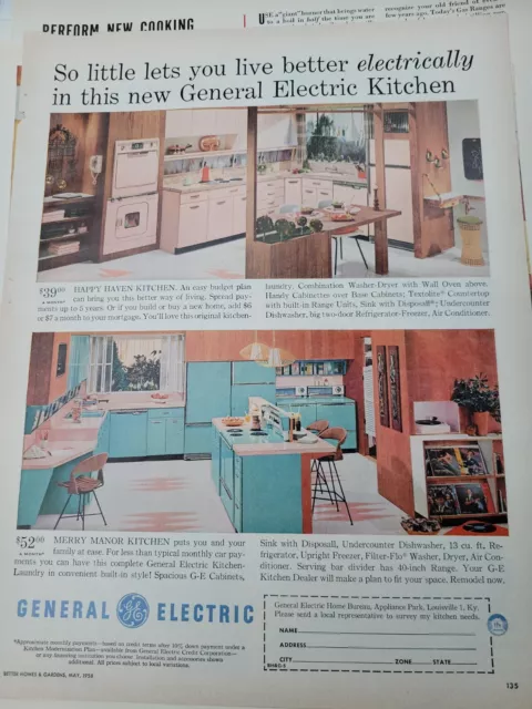 1958 General Electric pink and aqua kitchen cabinets vintage design ad