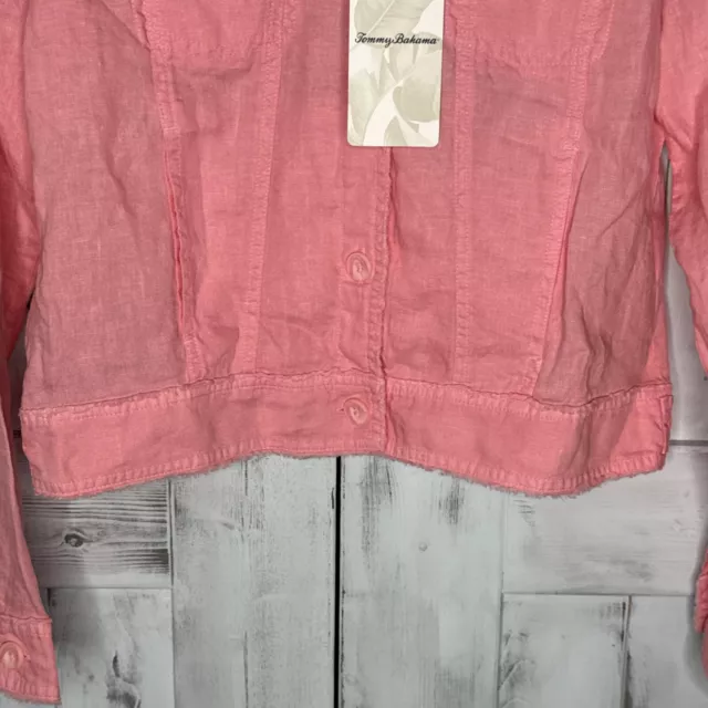 Nwt Womens Tommy Bahama Two Palms 100% Linen Raw Edge Button Up Jacket Pink S 2