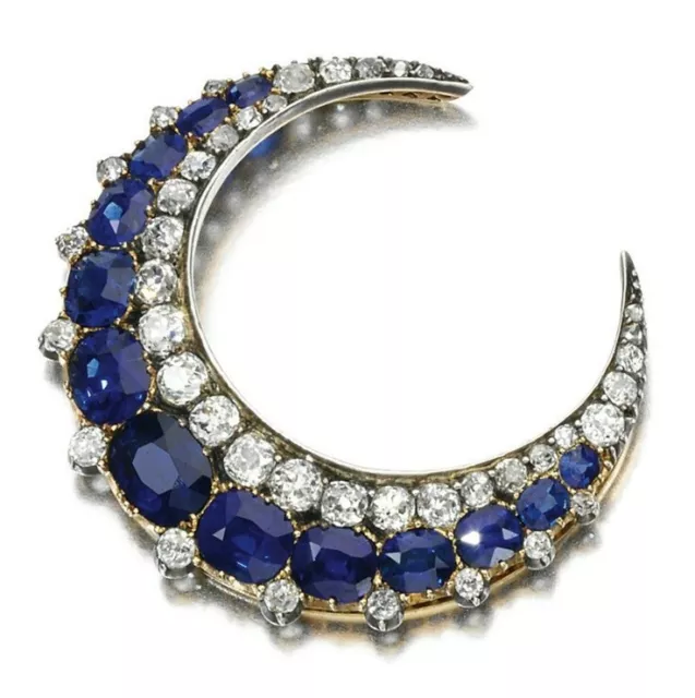 Dual Tone Crescent Moon Shape Pin Brooch Lab Grown Sapphire Luxe Studded Jewel