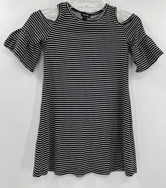 Zunie Girls Cold Shoulder Sleeve Soft Striped Dress Black White Size 7