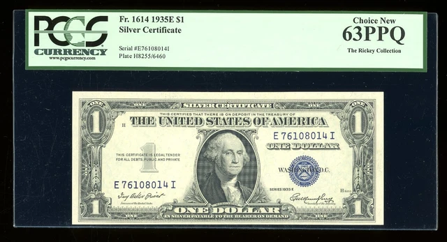 DBR 1935-E $1 Silver Fr. 1614 EI Block PCGS 63 PPQ Serial E76108014I