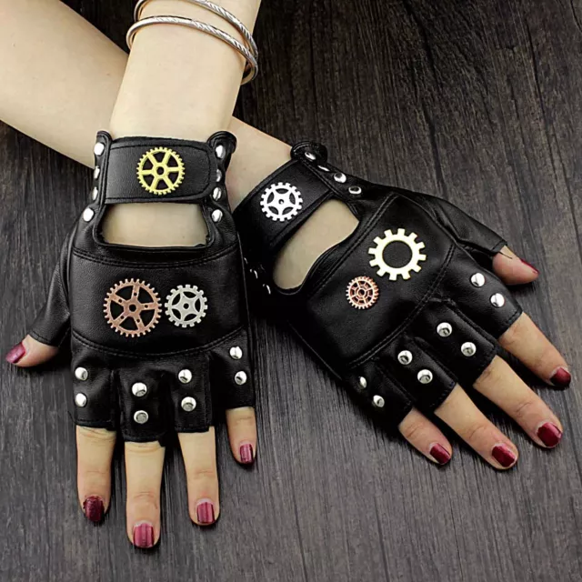 Fashion Mens Metal Spike Studded Leather Fingerless Gloves Cosplay