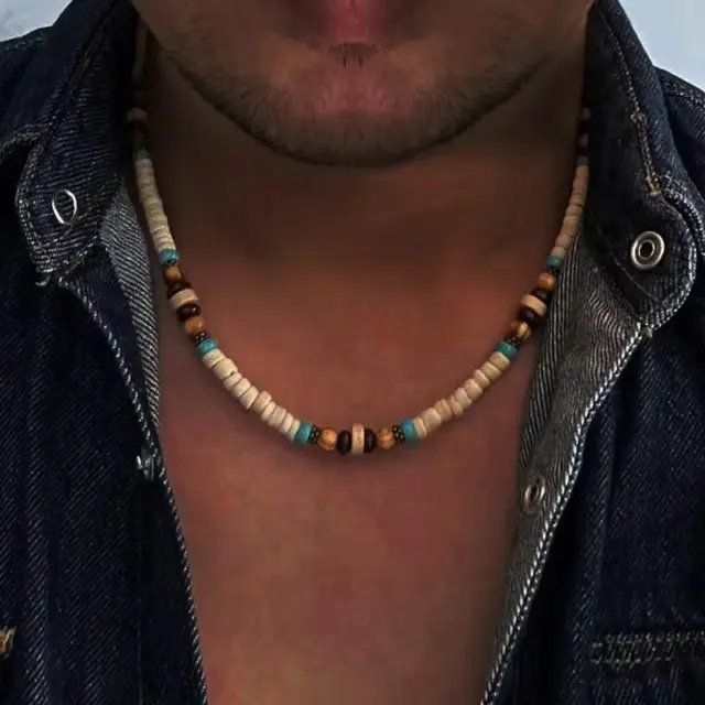 Men Beaded Tribal Choker Necklace Boho Jewelry Blue Surfer Necklace