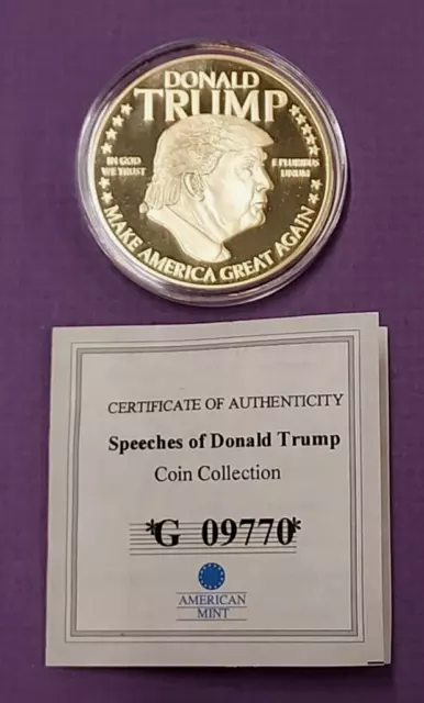 Speeches of DONALD TRUMP 24K Gold Plated Coin American Mint W/ Cert, MAGA