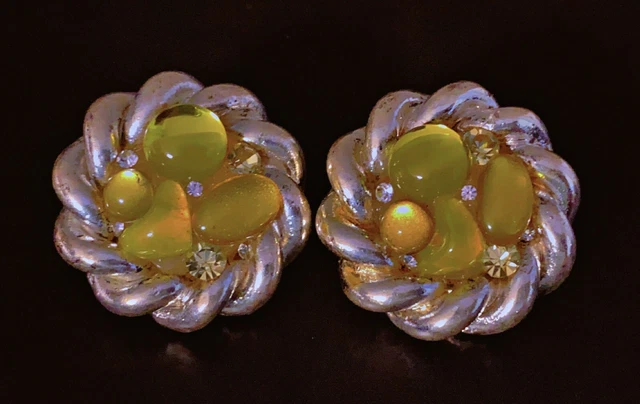 Boucles D'oreilles Vintage Jean-Louis Scherrer Années 80 - Plaqué Or Et Cabochons Verts, Clips