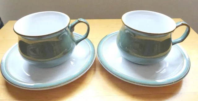Denby Regency Green Cups and Saucers x 2 Excellent Condition