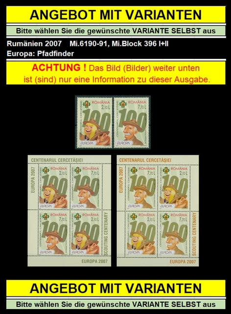 Rumänien 2007 Europa CEPT,Pfadfinder,Robert Baden-Powell Mi.6190-91,Bl.396 I+II