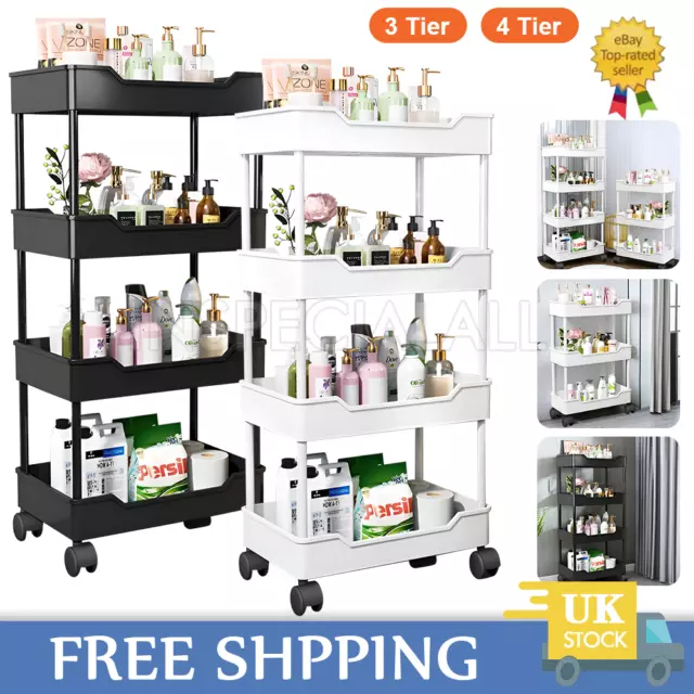 3/4 Tier Trolley Kitchen Storage Cart Slim Bathroom Laundry Storage Rack Wheels