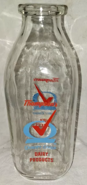 THOMPSON'S  QUALITY CHEKD Dairy Products Square Quart Red/Blue Pyro Milk Bottle