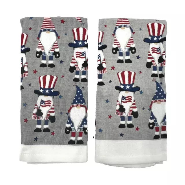 Kitchen Gnomes Set Of 2 Dish and Hand Towels Patriotic 100% Cotton Some Glitter