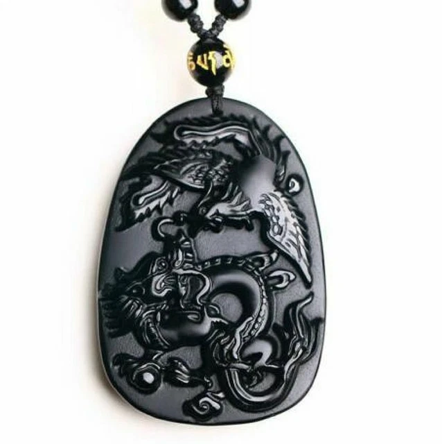Natural Black obsidian dragon phenix necklace pendant amulet with bead chain
