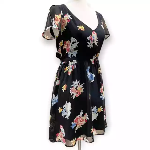 Express Floral Mini Dress Black Multi Color Short Flutter Sleeve V Neck Size XS