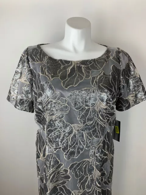 NEW Tahari Silver Sequin Floral Embroidered Sheath Dress 14 W $159 2