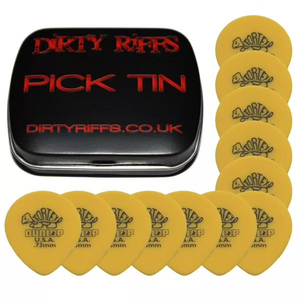 12 x Dunlop Tortex Teardrop Guitar Picks - 0.73mm Yellow In A Pick Tin