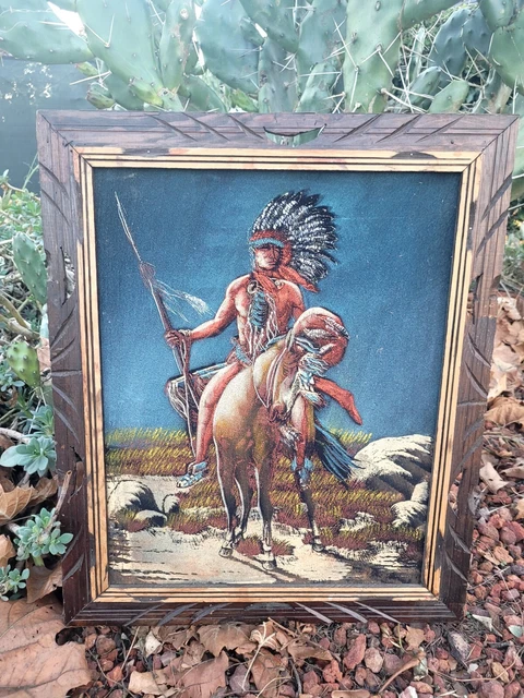 VTG 70'S VELVET Painting Native American Warrior Horseback “End Of