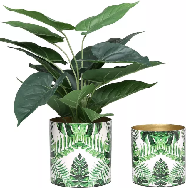 Decorative Succulent Planter Container w/ Palm Leaf Design, Set of 2 Flower Pots