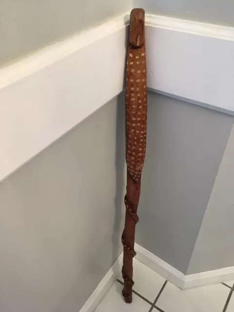 Vintage Hand Carved 35” Wood Walking Stick With Tribal Face And Climbing Snake