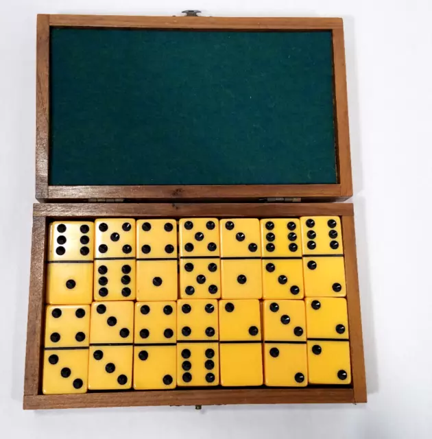 Vintage Dark Butterscotch Catalin Bakelite Dominoes Complete 28 Set Wood Box VGC