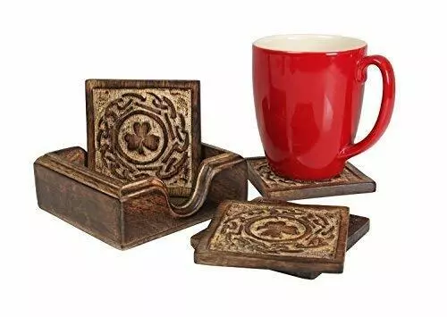 Wooden Square Bar Drink Coasters  Hand Carved With Clover Design