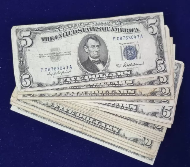 1953 + A Five Dollar Bill $5 Silver Certificate BLUE SEAL Circulated from Lot