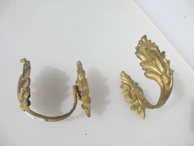 Antique Brass Curtain Tie Backs Hooks French Old Victorian Rococo Leaf Vintage