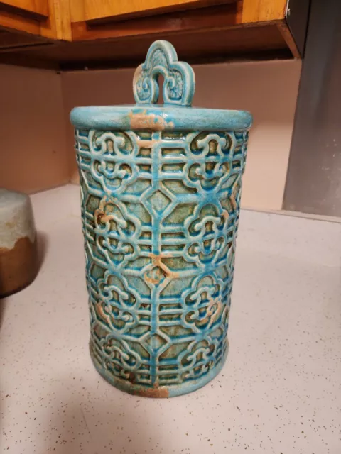 Asian Theme Turquoise Ceramic Container Vase With Lid 14x8