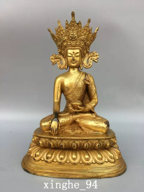 12" Old China dynasty Temple Tibetan Buddhism bronze 24k gilt Tara Buddha statue