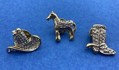 (3) Western Rhinestone Lapel Pins Brooch Button Cowboy Hat Boot Horse Rodeo