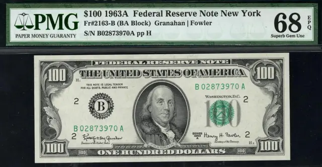 1963a $100 Federal Reserve Note • New York • FRN 2163-B PMG 68 EPQ • TOP POP 2/0
