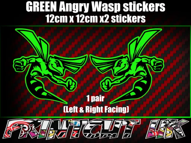 Paar GRÜNE Angry Wasp Aufkleber Laptop Helm Fahrrad Auto Roller Vespa Hornet