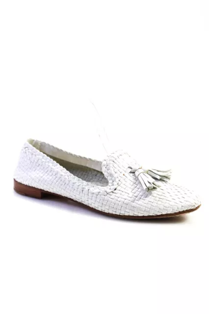 Prada Womens Almond Toe Woven Leather Tassel Flat Loafers White Size 39.5 9.5