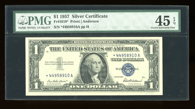 DBR 1957 $1 Silver STAR *A Block Fr. 1619* PMG 45 EPQ Serial *44958910A