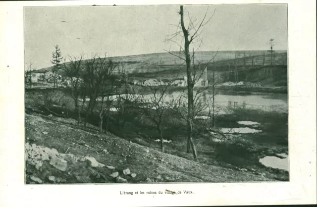 Document ancien l'étang et les ruines du village de Vaux 1916 issu de magazine