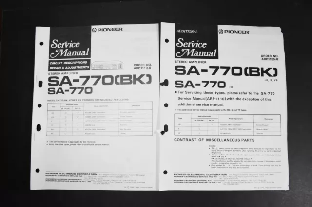 Pioneer SA-770 SA-770(BK) Stereo Amplifier Service Manuals - Genuine Original