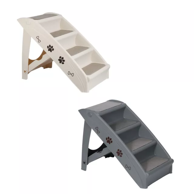 4 Non-slip Steps Foldable Pet Stairs Dog Ladder w/ Support Frame Beige/Gray