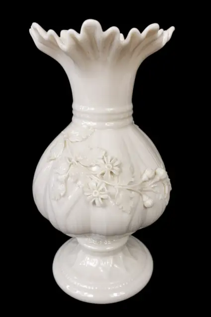 Vintage Belleek Ireland Cream Porcelain Vase Applied 3D Flowers Green Stamp 8"