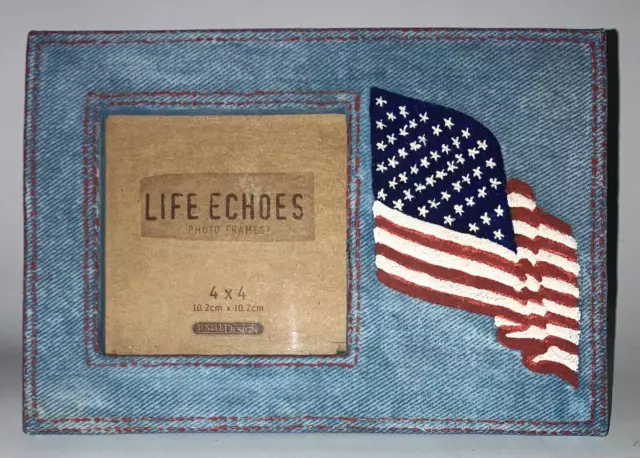 LIFE ECHOES Blue Jean w/American Flag Design 4 x 4 Photo Frame