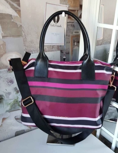 TED BAKER BLACK Deep Red Tribal Stripe Nylon Tote Shoulder Bag