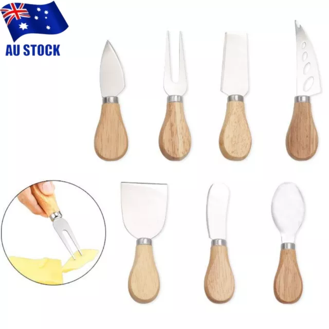 AU 4pcs Stainless Steel Cheese Butter Blade Fork Knife Set Wood Handle Cutter